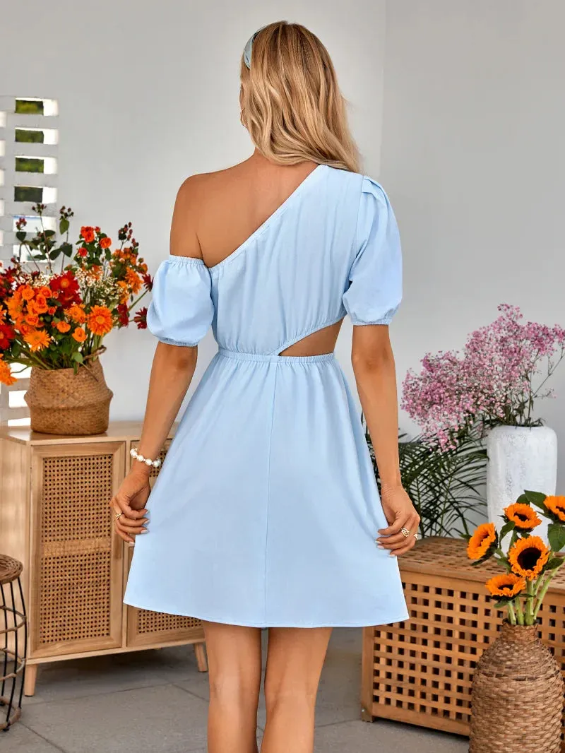 Summer Women's Sexy Waistless Hollow Out Mini Dress with Diagonal Neck and Puff Sleeves