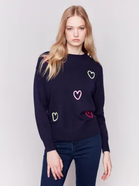 Sweater with Embroidered Hearts - Navy