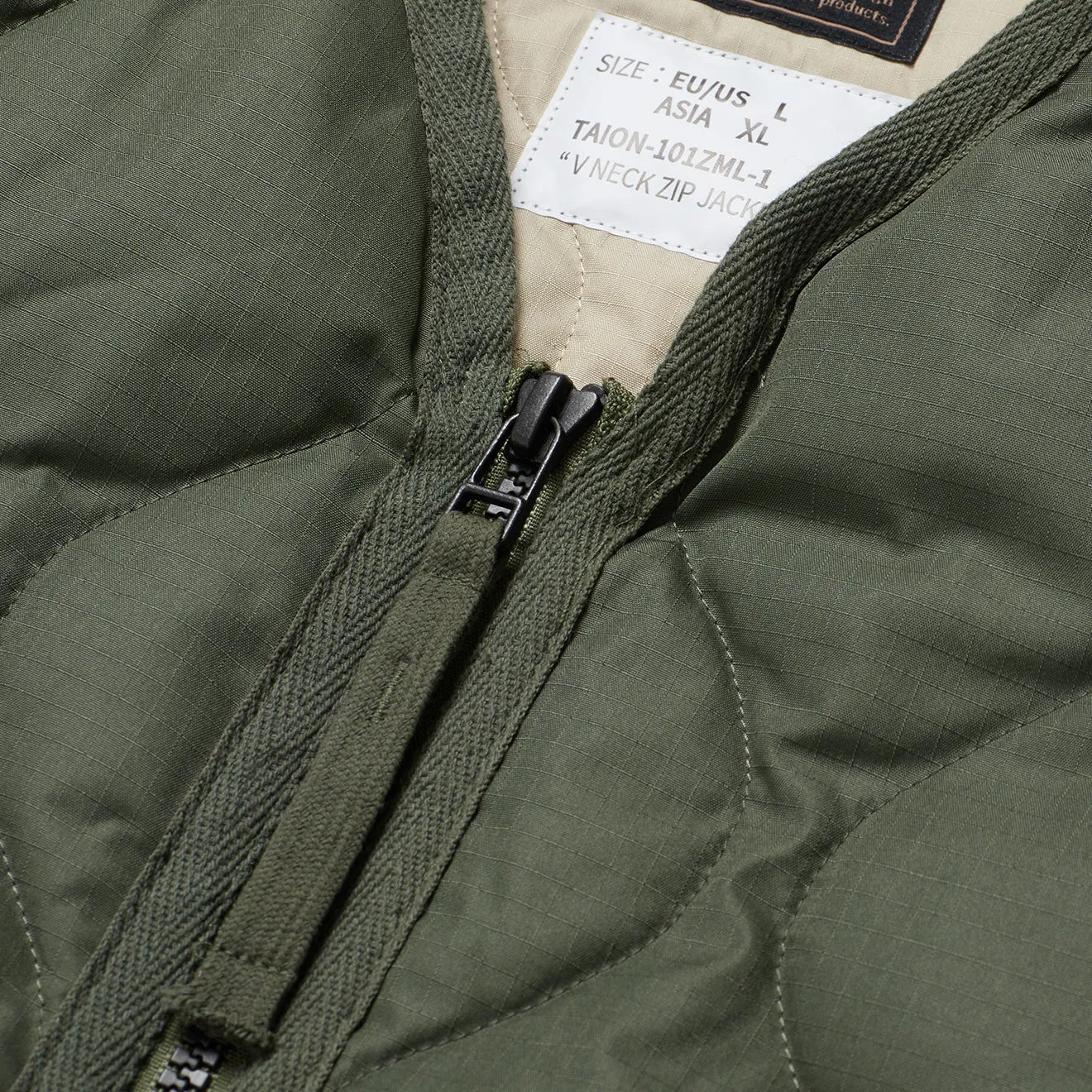 Taion Military Zip V Neck Down Jacket Olive