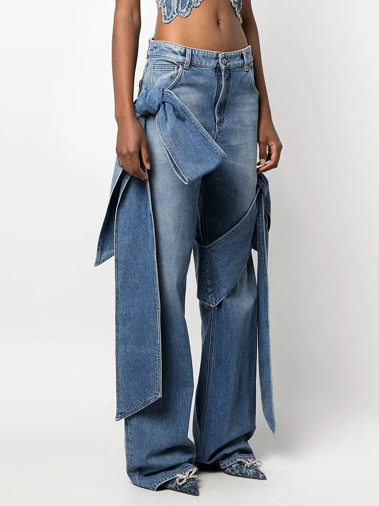 TEEK - Bowknot High Waist Denim Straight Pants