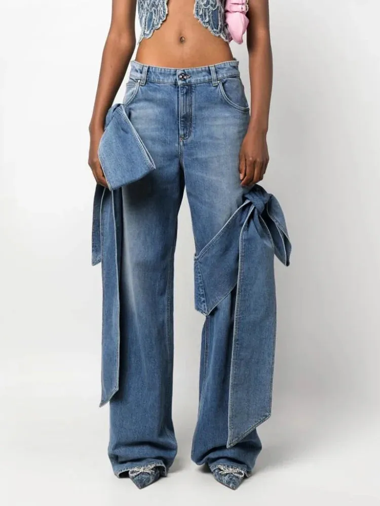 TEEK - Bowknot High Waist Denim Straight Pants