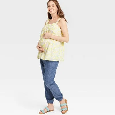 The Nines by HATCH Cotton Maternity Tank Top Yellow Floral S