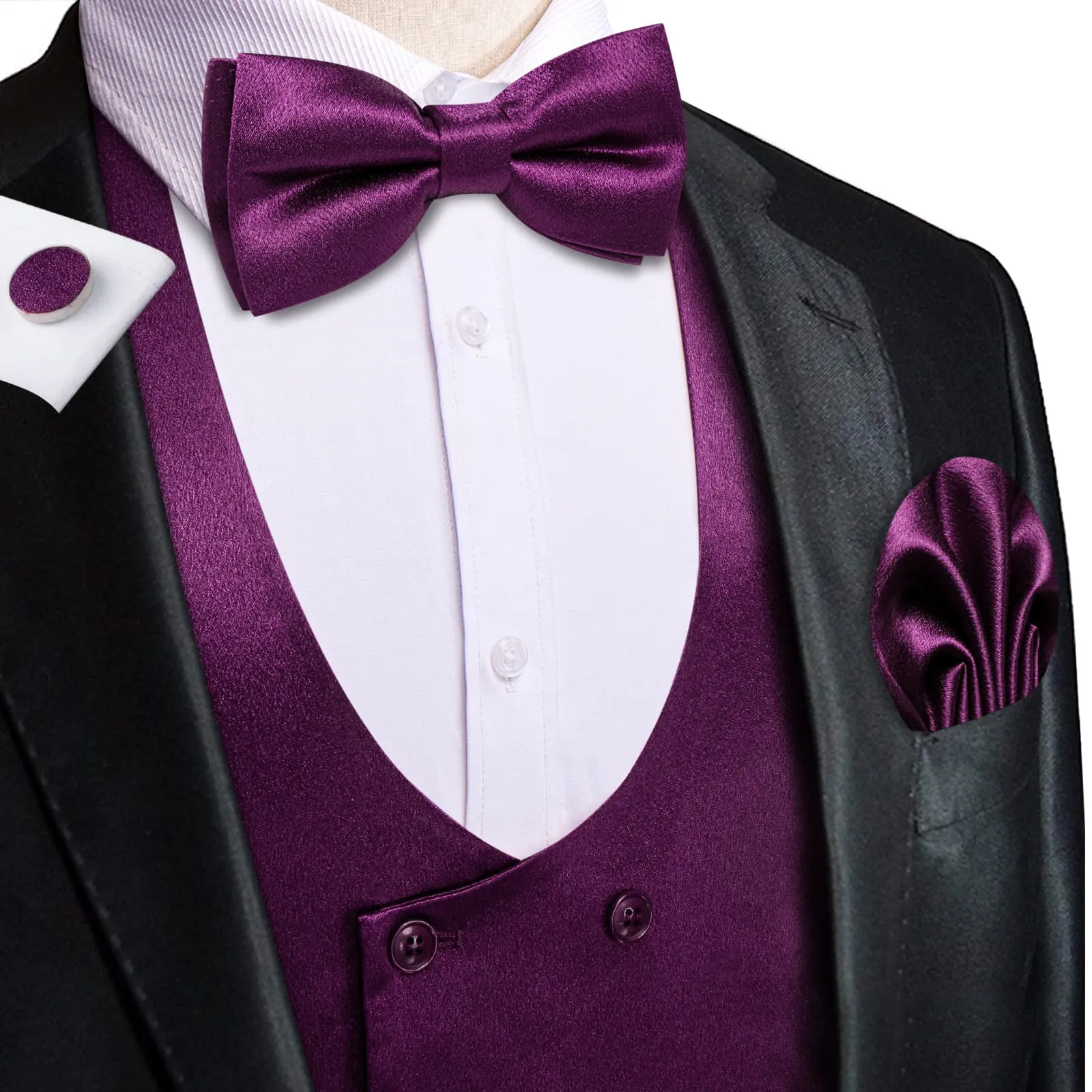 Ties2you Double Breasted Vest Deep Purple Solid Mens Vest Tie Bowtie Set 5PC