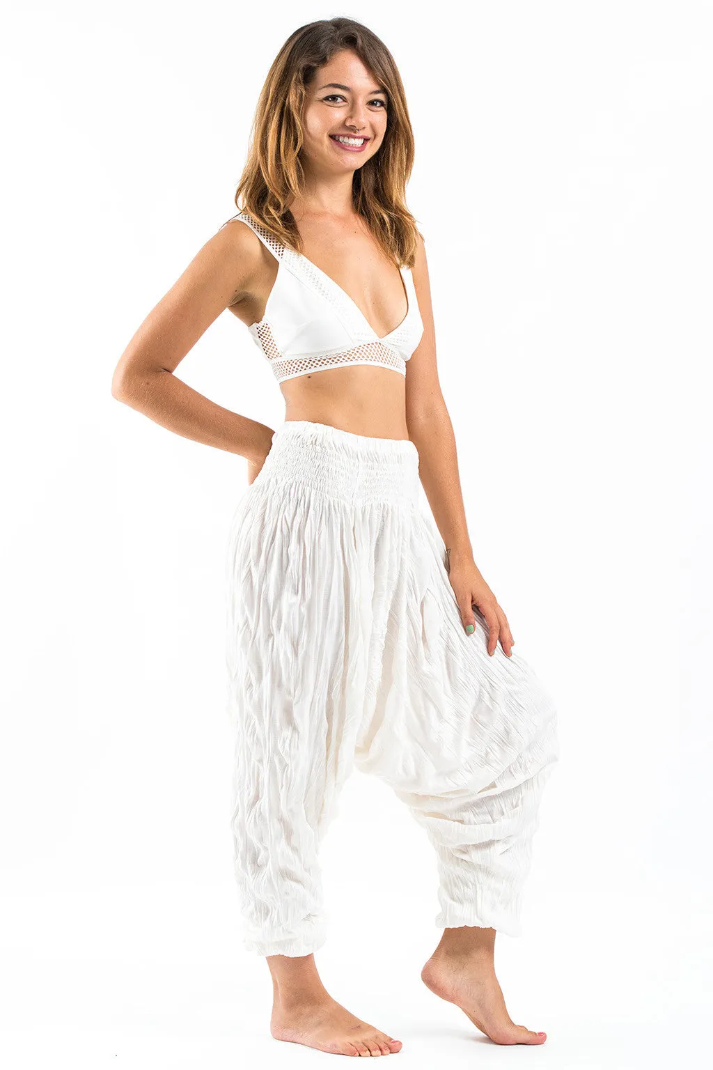 Unisex Crinkled Cotton Harem Pants in White