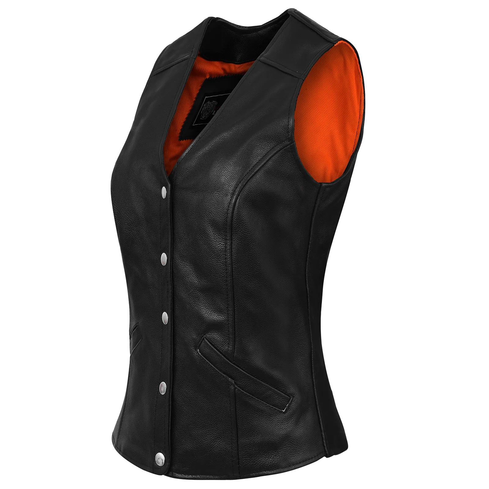 Vance Womens Black Five Snap Lady Biker Leather Motorcycle Vest