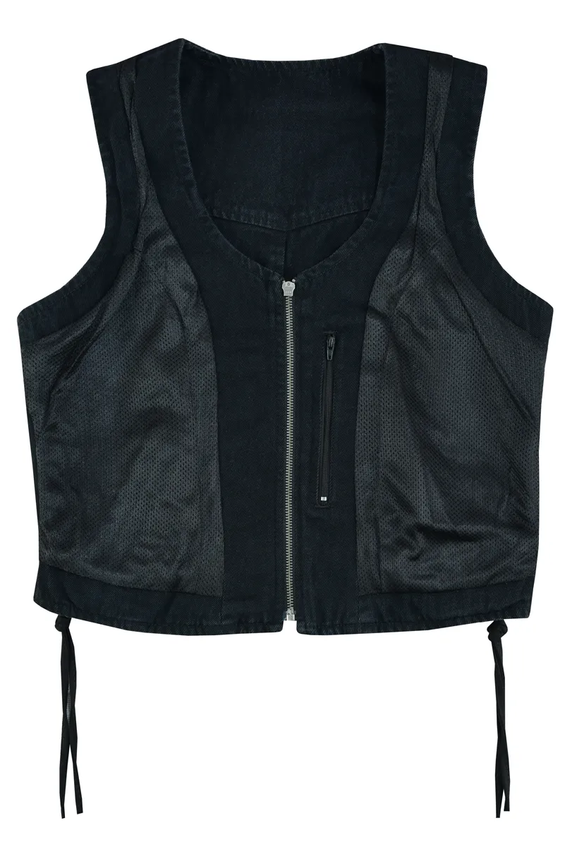 VB1042 Women's Black Denim V Neck Vest with Zipper & side laces