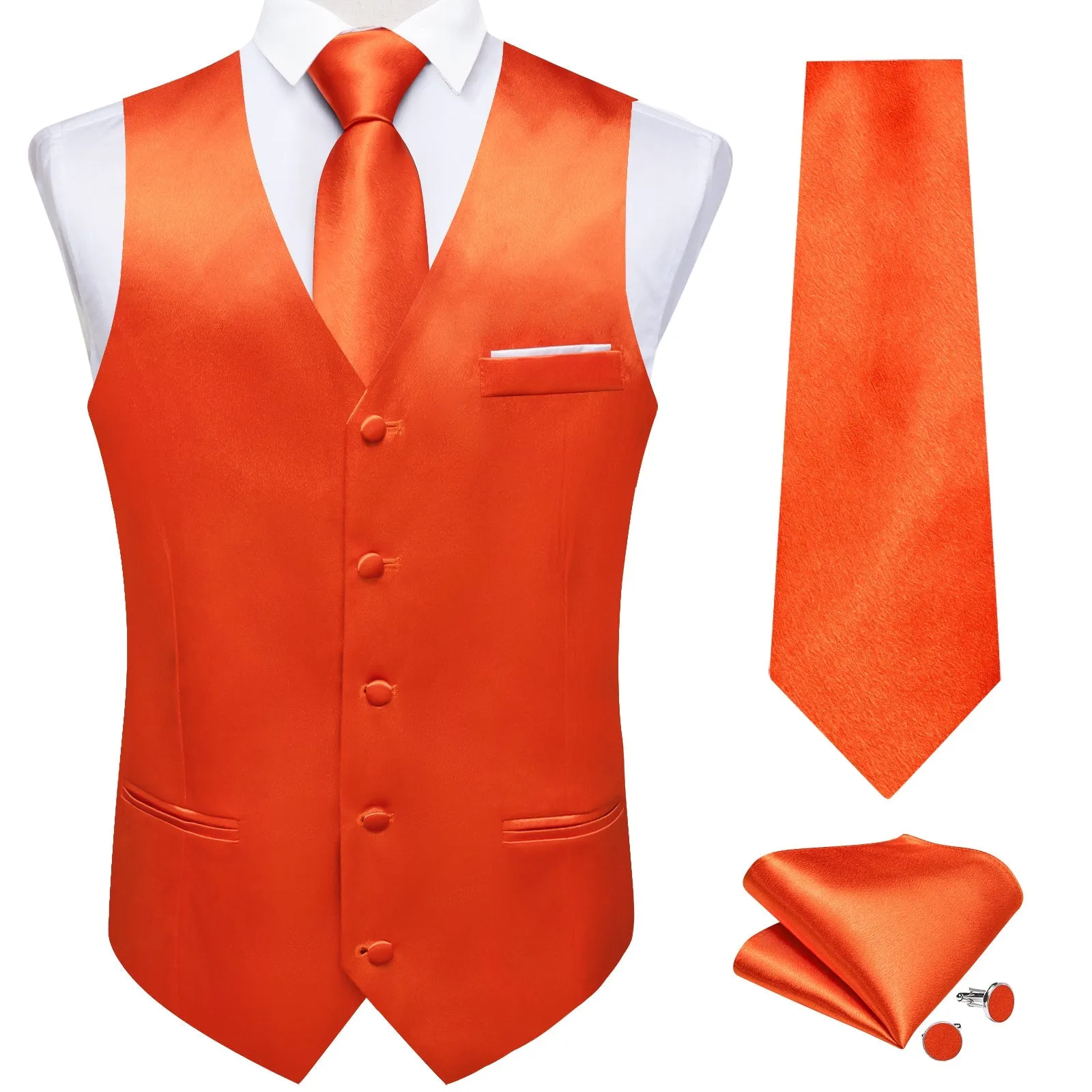 Vibrant Orange Solid Shining Silk Formal Men's Vest Hanky Cufflinks Tie Set