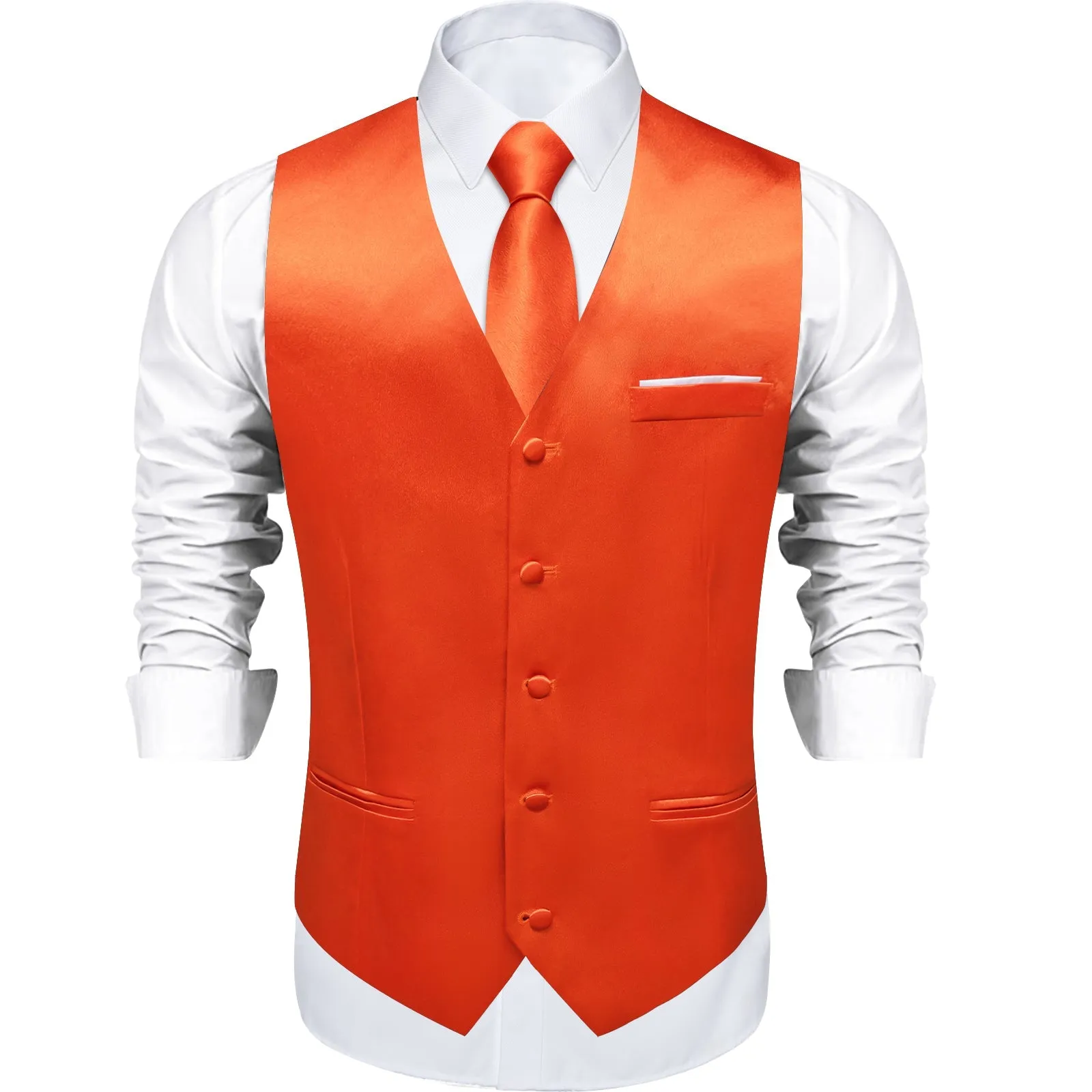 Vibrant Orange Solid Shining Silk Formal Men's Vest Hanky Cufflinks Tie Set