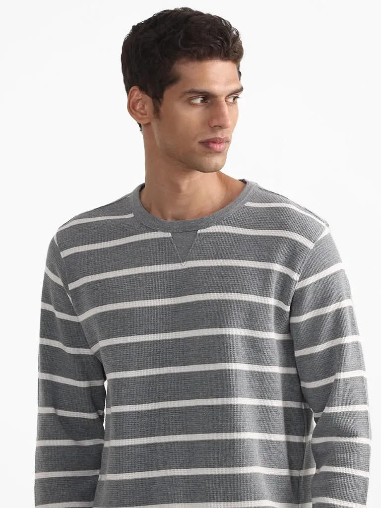 WES Casuals Striped Grey Cotton Blend Slim-Fit Sweater