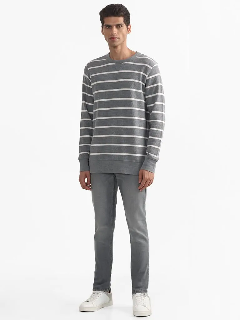 WES Casuals Striped Grey Cotton Blend Slim-Fit Sweater