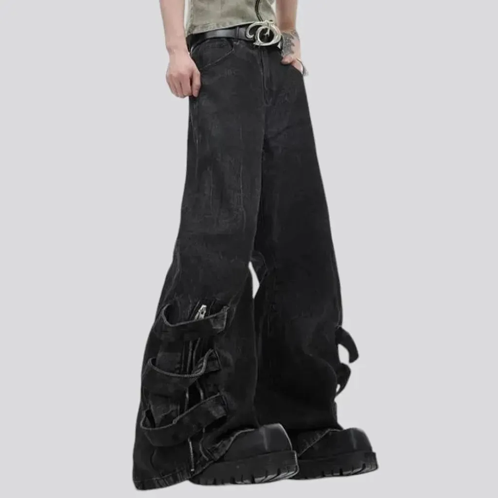 Whiskered mid rise flared jeans for men