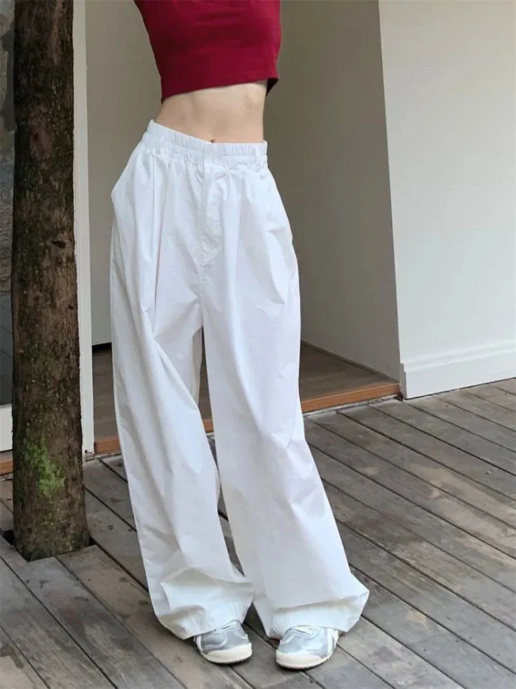 White Baggy For Women Vintage High Waist Wide Leg Jogging Pants