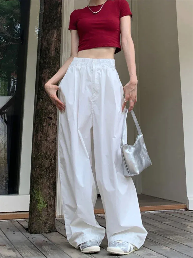 White Baggy For Women Vintage High Waist Wide Leg Jogging Pants