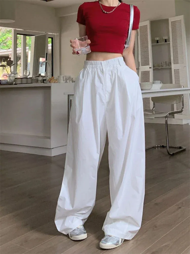 White Baggy For Women Vintage High Waist Wide Leg Jogging Pants