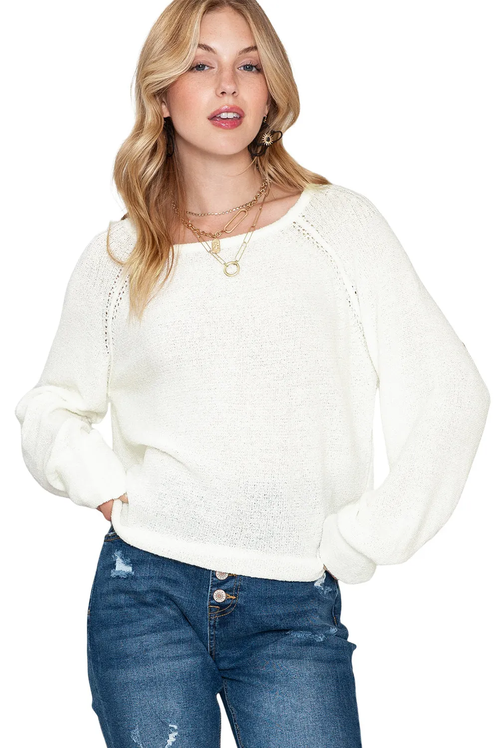 White Plain Raglan Sleeve Casual Pullover Sweater