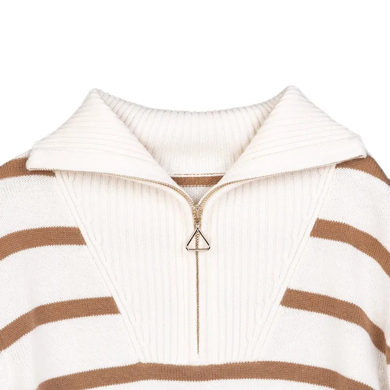 White Striped Zip Collar Wool Sweater