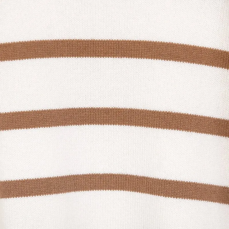 White Striped Zip Collar Wool Sweater