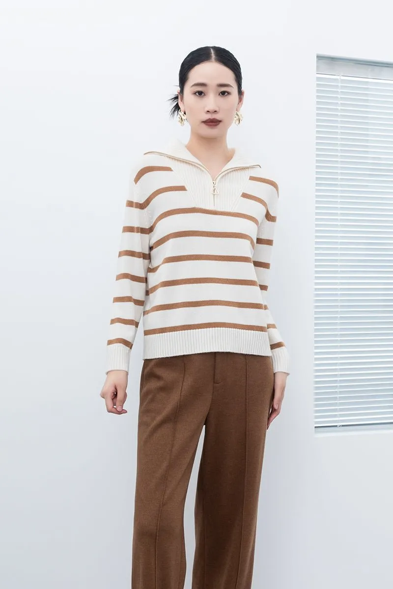 White Striped Zip Collar Wool Sweater