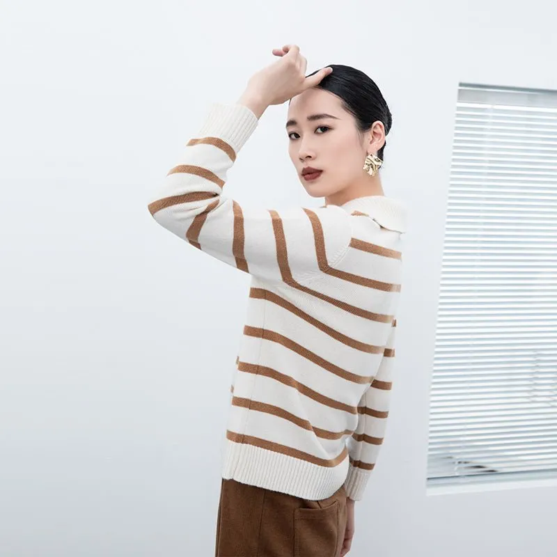 White Striped Zip Collar Wool Sweater