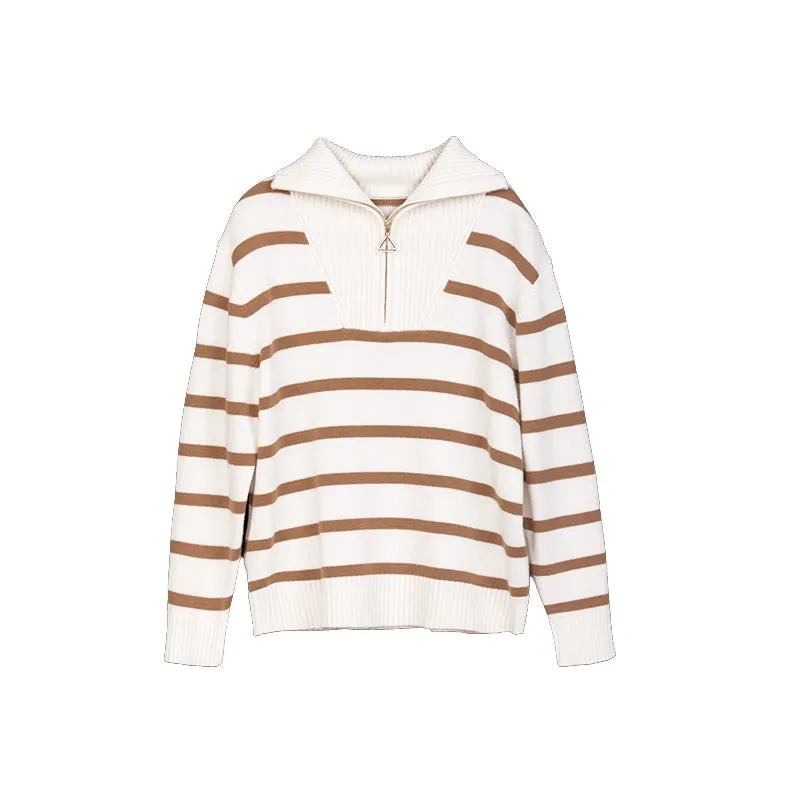 White Striped Zip Collar Wool Sweater