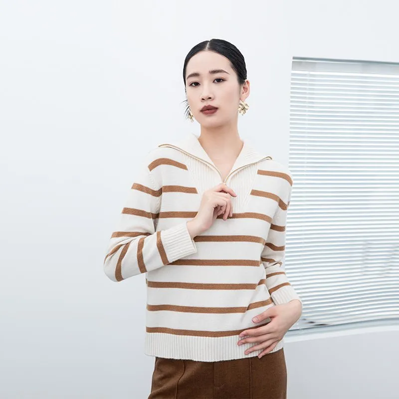 White Striped Zip Collar Wool Sweater