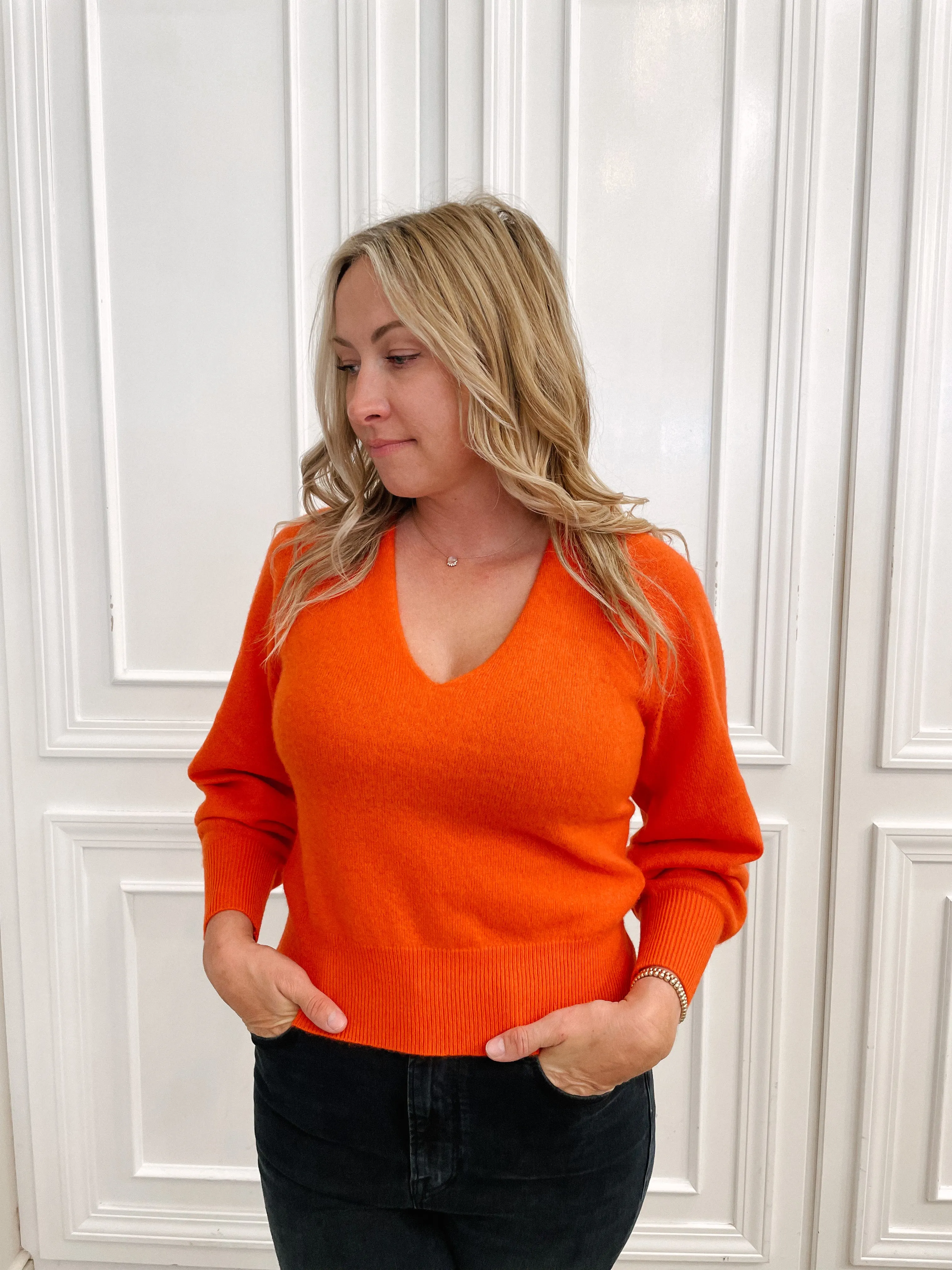 White   Warren - Cashmere Blouson Sleeve V Neck in Bright Poppy