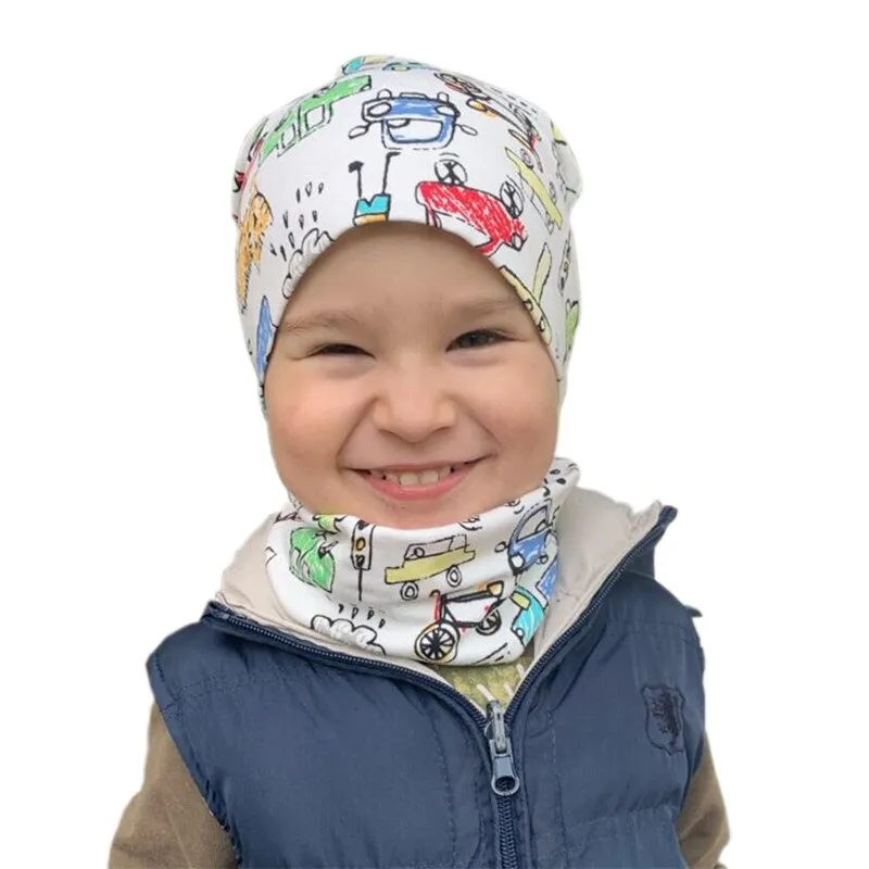 Winter Children Scarf Hat Sets Cartoon Dinosaur Baby Head Cover Spring Warm Neck Collar Kids Beanies Set Cotton Children Hat