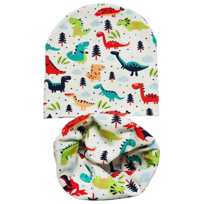 Winter Children Scarf Hat Sets Cartoon Dinosaur Baby Head Cover Spring Warm Neck Collar Kids Beanies Set Cotton Children Hat