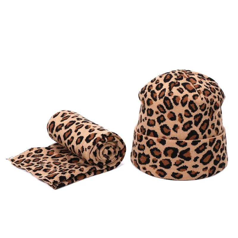 Winter women pompon beanie hat scarf set Leopard Sexy outdoor warm 2 pieces fur pom pom hat scarf hedging caps for female girls