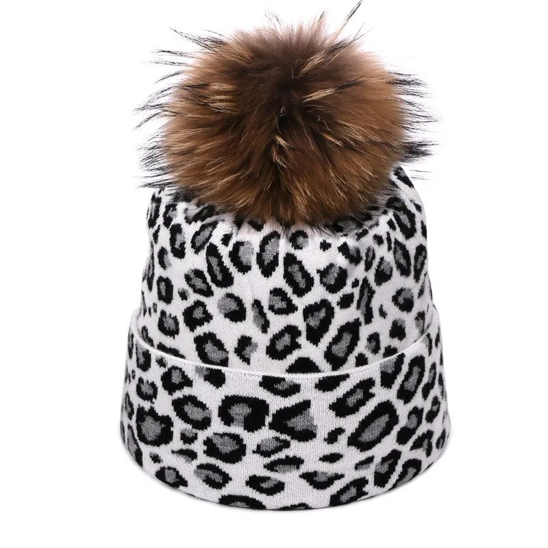 Winter women pompon beanie hat scarf set Leopard Sexy outdoor warm 2 pieces fur pom pom hat scarf hedging caps for female girls