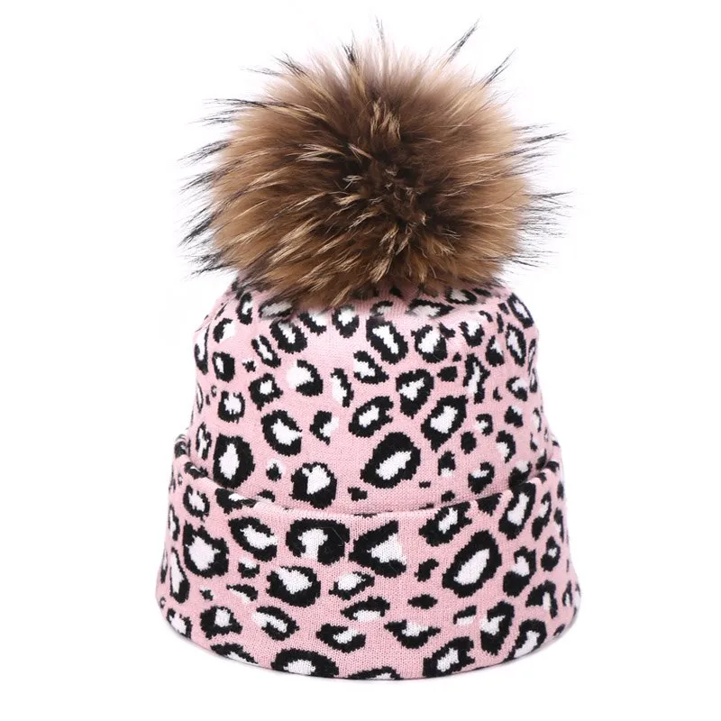 Winter women pompon beanie hat scarf set Leopard Sexy outdoor warm 2 pieces fur pom pom hat scarf hedging caps for female girls