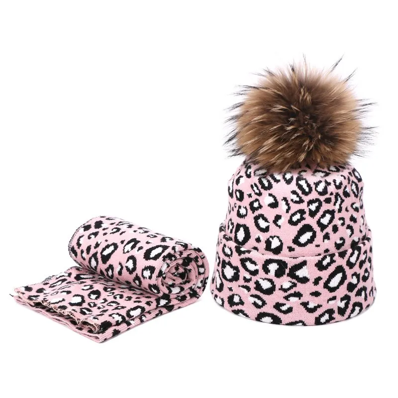 Winter women pompon beanie hat scarf set Leopard Sexy outdoor warm 2 pieces fur pom pom hat scarf hedging caps for female girls