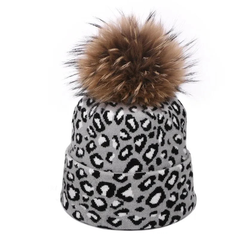 Winter women pompon beanie hat scarf set Leopard Sexy outdoor warm 2 pieces fur pom pom hat scarf hedging caps for female girls