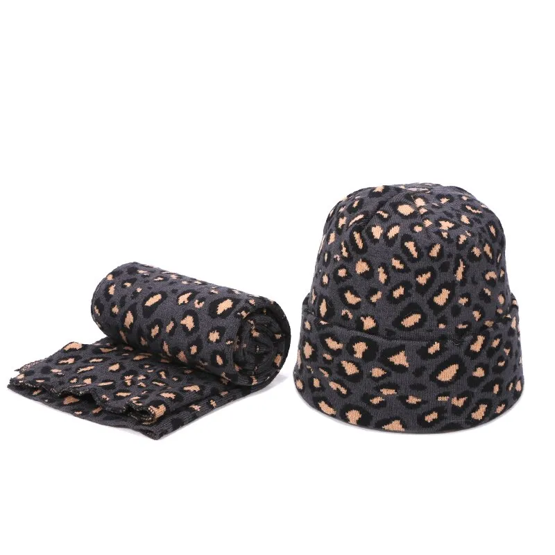 Winter women pompon beanie hat scarf set Leopard Sexy outdoor warm 2 pieces fur pom pom hat scarf hedging caps for female girls