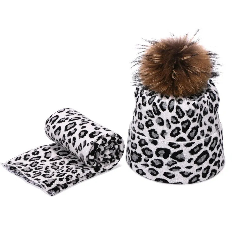 Winter women pompon beanie hat scarf set Leopard Sexy outdoor warm 2 pieces fur pom pom hat scarf hedging caps for female girls