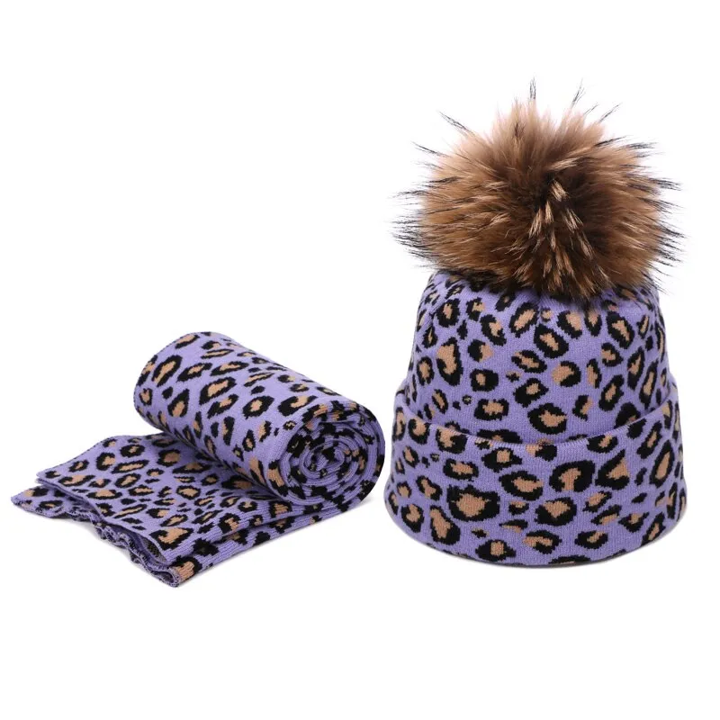 Winter women pompon beanie hat scarf set Leopard Sexy outdoor warm 2 pieces fur pom pom hat scarf hedging caps for female girls