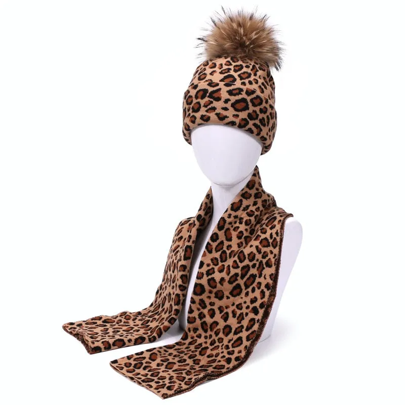 Winter women pompon beanie hat scarf set Leopard Sexy outdoor warm 2 pieces fur pom pom hat scarf hedging caps for female girls