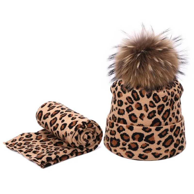 Winter women pompon beanie hat scarf set Leopard Sexy outdoor warm 2 pieces fur pom pom hat scarf hedging caps for female girls