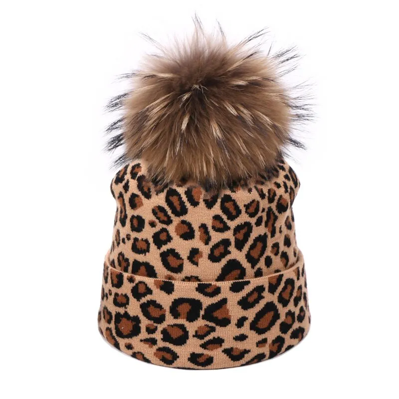 Winter women pompon beanie hat scarf set Leopard Sexy outdoor warm 2 pieces fur pom pom hat scarf hedging caps for female girls