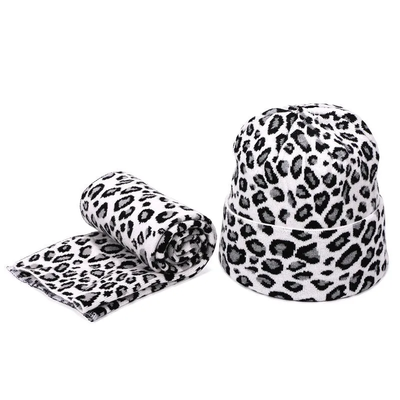 Winter women pompon beanie hat scarf set Leopard Sexy outdoor warm 2 pieces fur pom pom hat scarf hedging caps for female girls