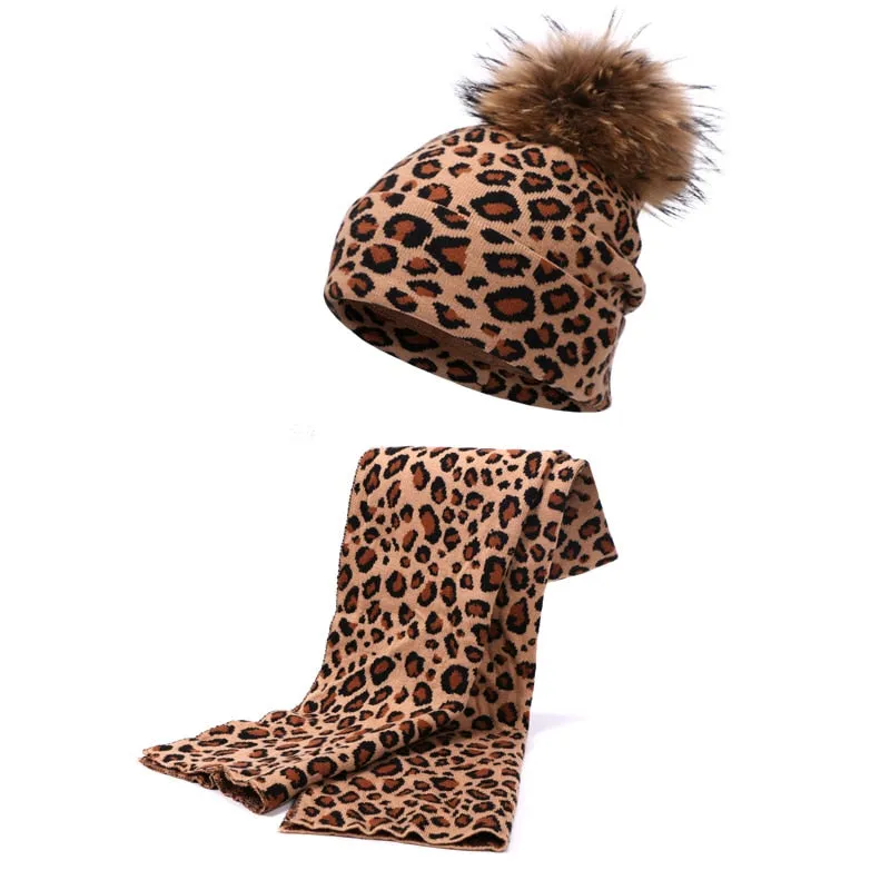 Winter women pompon beanie hat scarf set Leopard Sexy outdoor warm 2 pieces fur pom pom hat scarf hedging caps for female girls