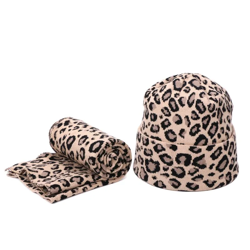 Winter women pompon beanie hat scarf set Leopard Sexy outdoor warm 2 pieces fur pom pom hat scarf hedging caps for female girls