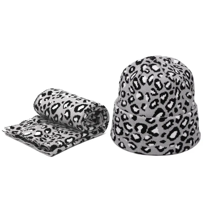 Winter women pompon beanie hat scarf set Leopard Sexy outdoor warm 2 pieces fur pom pom hat scarf hedging caps for female girls