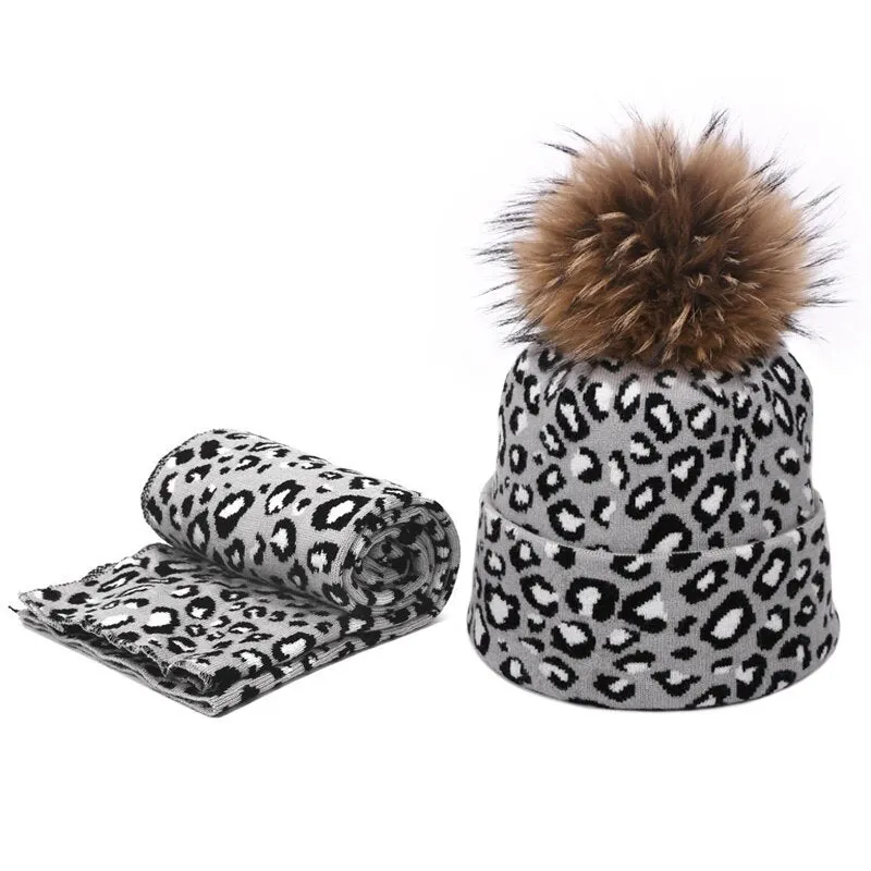 Winter women pompon beanie hat scarf set Leopard Sexy outdoor warm 2 pieces fur pom pom hat scarf hedging caps for female girls