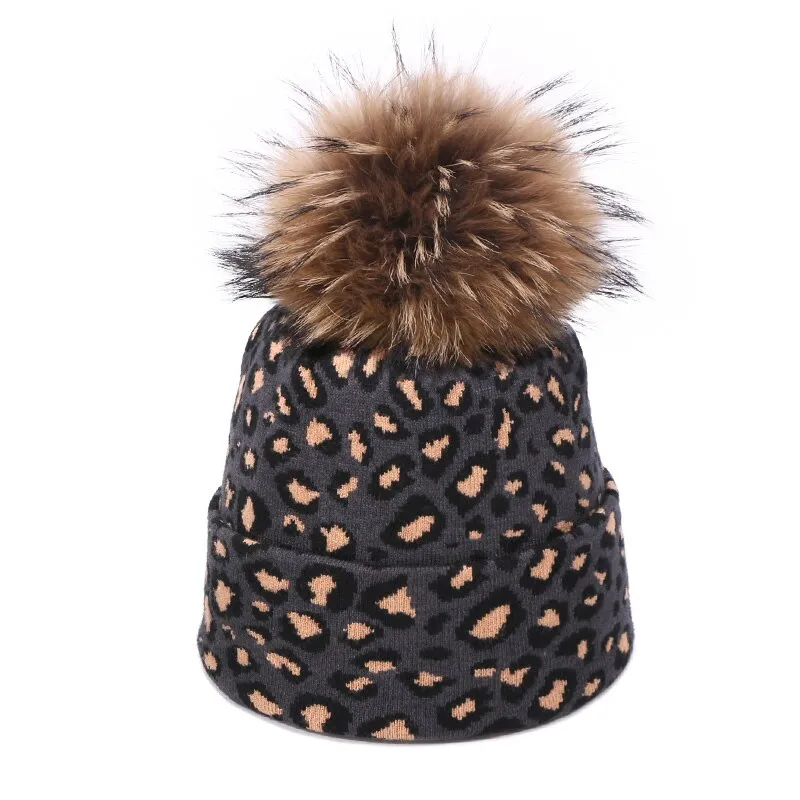 Winter women pompon beanie hat scarf set Leopard Sexy outdoor warm 2 pieces fur pom pom hat scarf hedging caps for female girls