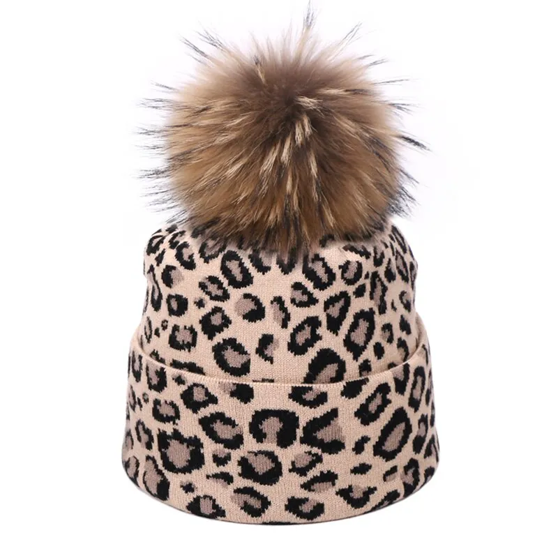 Winter women pompon beanie hat scarf set Leopard Sexy outdoor warm 2 pieces fur pom pom hat scarf hedging caps for female girls