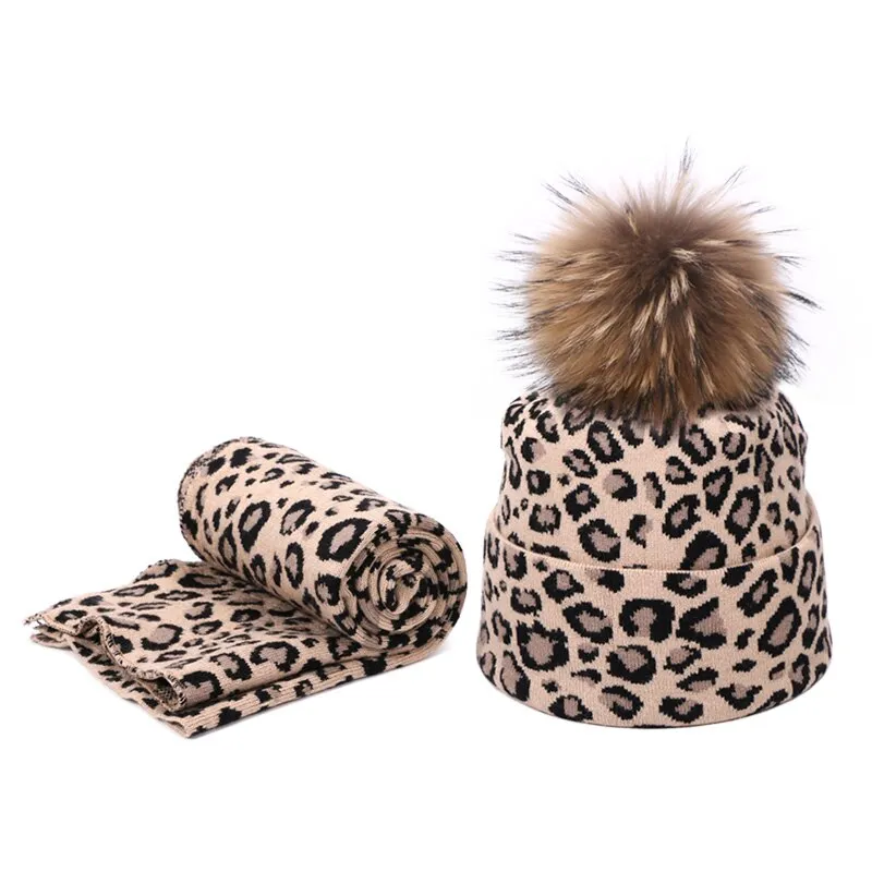 Winter women pompon beanie hat scarf set Leopard Sexy outdoor warm 2 pieces fur pom pom hat scarf hedging caps for female girls