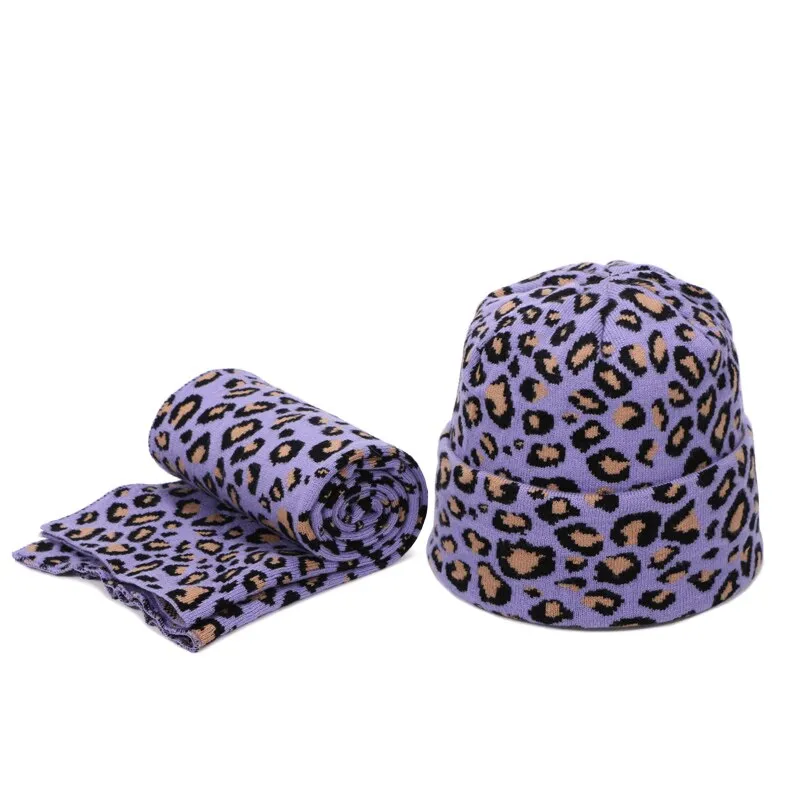 Winter women pompon beanie hat scarf set Leopard Sexy outdoor warm 2 pieces fur pom pom hat scarf hedging caps for female girls