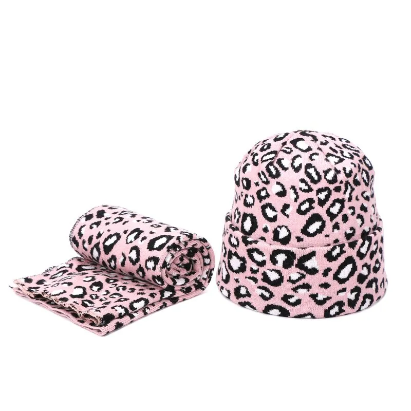 Winter women pompon beanie hat scarf set Leopard Sexy outdoor warm 2 pieces fur pom pom hat scarf hedging caps for female girls