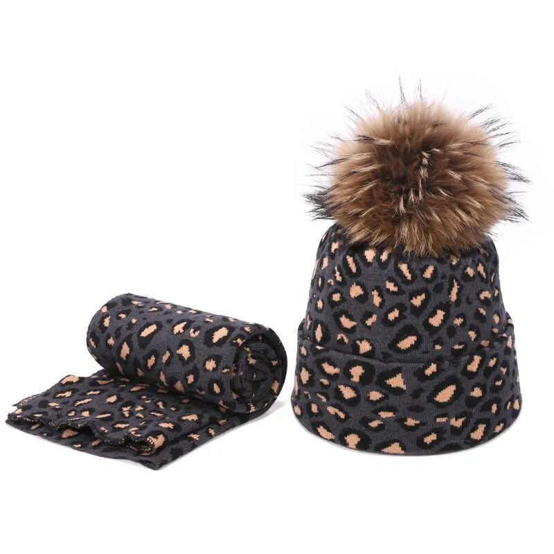 Winter women pompon beanie hat scarf set Leopard Sexy outdoor warm 2 pieces fur pom pom hat scarf hedging caps for female girls